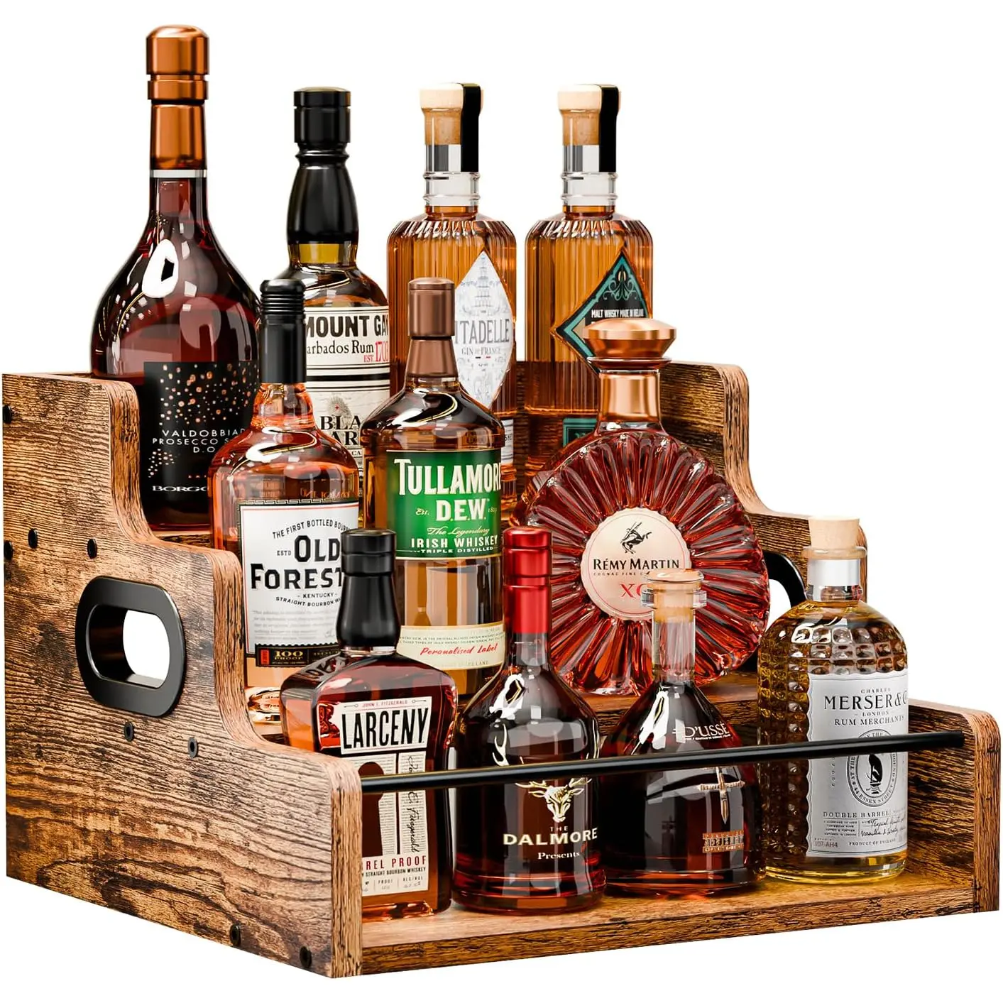 Rustic Sturdy Wooden-Iron Kitchenware Rack - Built-In Side Handles, Glass Bottle Storage Shelf, Tiered Wine Utensil Display, Home Bar Organiser, 10+ Bottle Capacity, Bathroom Vanity Display, Thoughtful Gift for Parties & Foodies