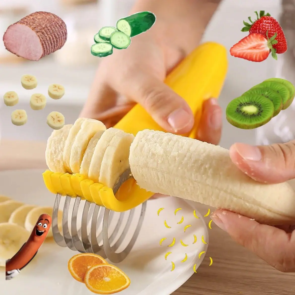 1PCS Stainless Steel Banana Slicer - Durable Kitchen Fruit Utensil, Easy-Clean Lightweight Hand Tool, Multi-Purpose Cutting Accessory for Fruit Platters & Salad Making, Yellow Daily Use Healthy Eating Gadget