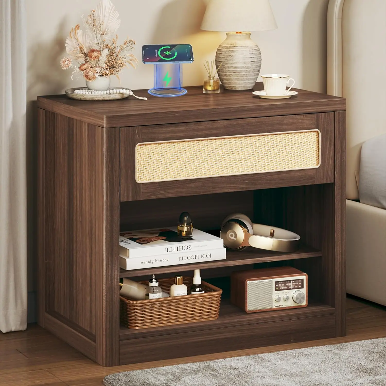 Wide Nightstand, 26" Mid Century Modern Wooden Night Stand, Rustic Bedside Table with Rattan Drawer, Large Side Table with Wireless Charging, Vintage End Table with Storage for Bedroom, Walnut