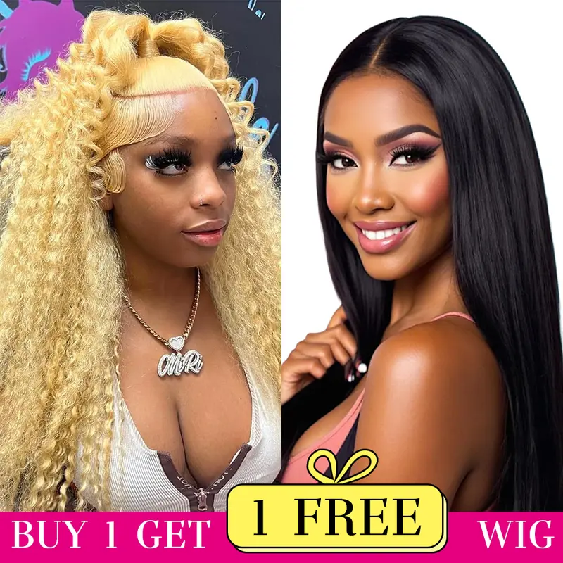 [Combo sale 28''&22'']Buy 1 get 2 Wigs 613 Lace Front Wig Human Hair Blonde Wig Human Hair Deep Wave 13x4 HD Blonde Lace Front Wigs Curly Wig Pre Plucked 180% Density Blonde Frontal 613 Wig