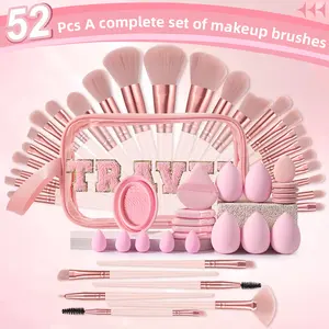 52pcs Makeup Tool Set, 30pcs Makeup Brushes & Toiletry Bag & 5pcs Large Makeup Sponges & 5pcs Fan-Shaped Powder Puffs & 5pcs Mini Makeup Sponges & 5pcs Thumb Powder Puffs & Brush Cleaning Bowl