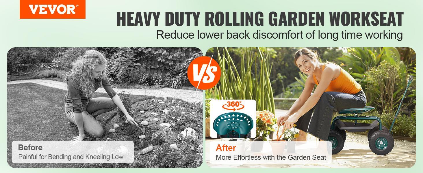 VEVOR Garden Cart Rolling Workseat with Wheels, TikTokShopBlackFriday, Gardening Stool for Planting, 360 Degree Swivel Seat, Wagon Scooter with Steering Handle & Utility Tool Tray, Use for Patio, Yard, and Outdoors