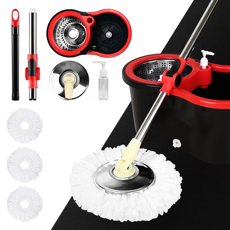 Spin Mop Bucket with Wringer Set Operable 360° Rotating Mop Bucket Set with 3 Microfiber Replacement Heads Stainless Steel 49 Inch Adjustable Handle Household Cleaning Tools Black Plastic
