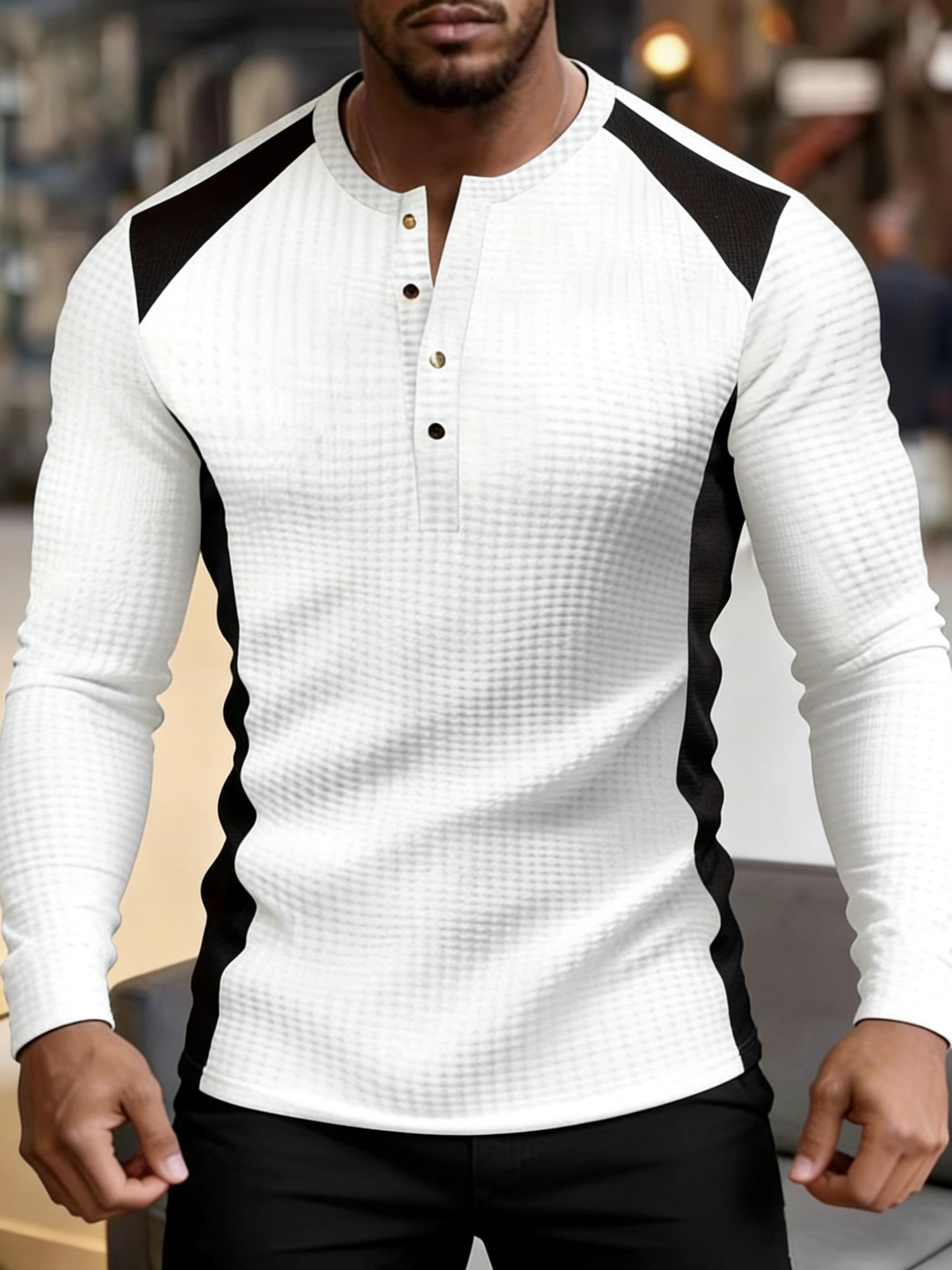 Men's Waffle Knit Henley Long Sleeve T-Shirt - Slim Fit Contrast Color Patchwork Design | Soft Breathable Fabric | Black & White Stylish Casual Top | Suitable for Daily/Date/Office | Autumn Winter Fashion Essential