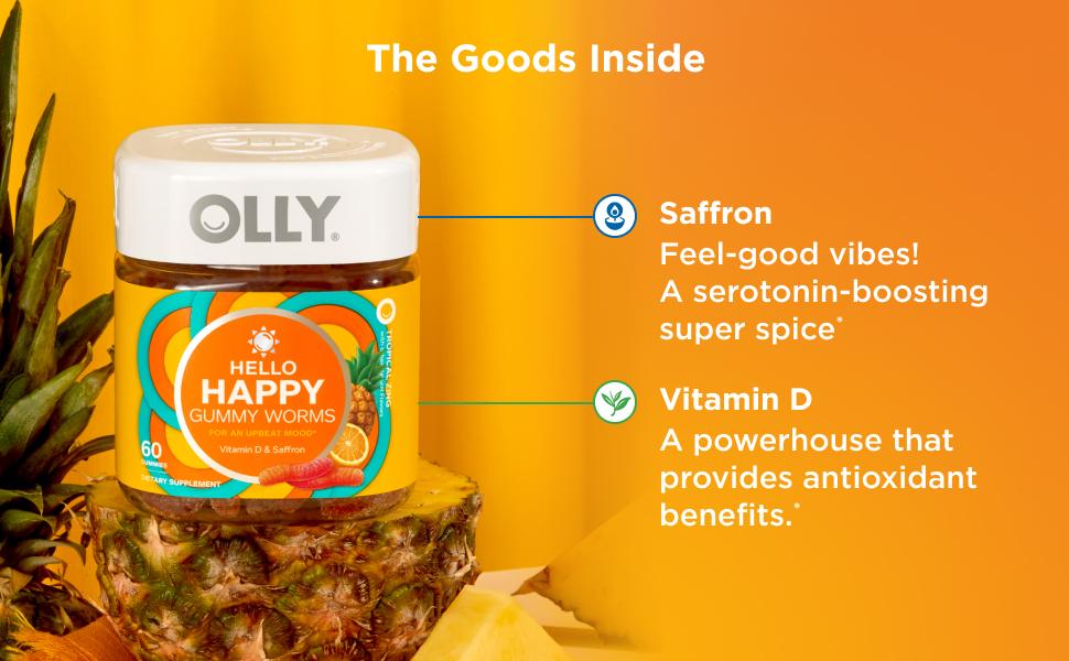 OLLY Hello Happy Gummy Worms Adult Chewable Supplement with Saffron Extract & Vitamin D, Tropical Zing Flavor, 60 Gummies