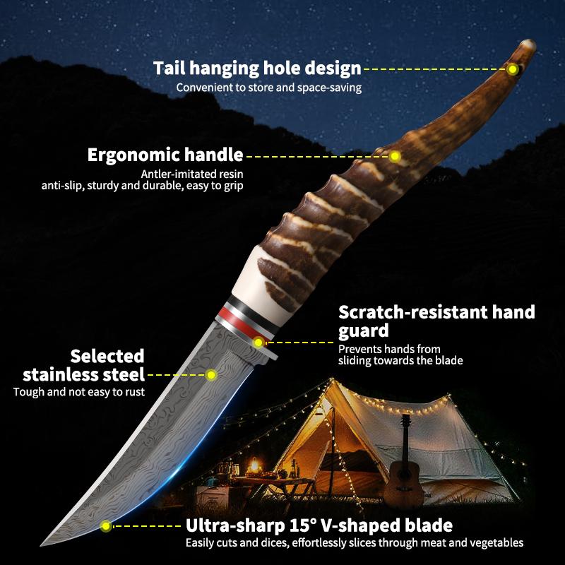 Damascus Pattern Multi-functional Knife with Antler - Mimic Handle, Outdoor Camping Knife with Sheath Cover, Great Kitchen Helper and Prefect Gift for Holiday