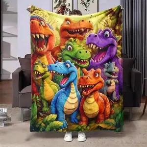 Soft Flannel Dinosaur Print Bed Blanket - Colorful Dino Jungle Design Cozy Blanket, Kid Bedding for Snuggling Warmly or Adding Prehistoric Charm, Dinosaur Print Blanket Cute Room Decor Boy Room Bedding Cozy Bedding Kids Blanket