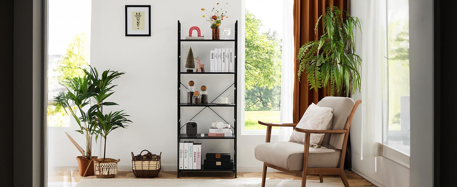 Storage Rack, 5 Tier Bookcase, Vintage Storage Rack with Open Shelves in Living Room/Home/Office, Metal Frame Display Rack Books Holder Organizer