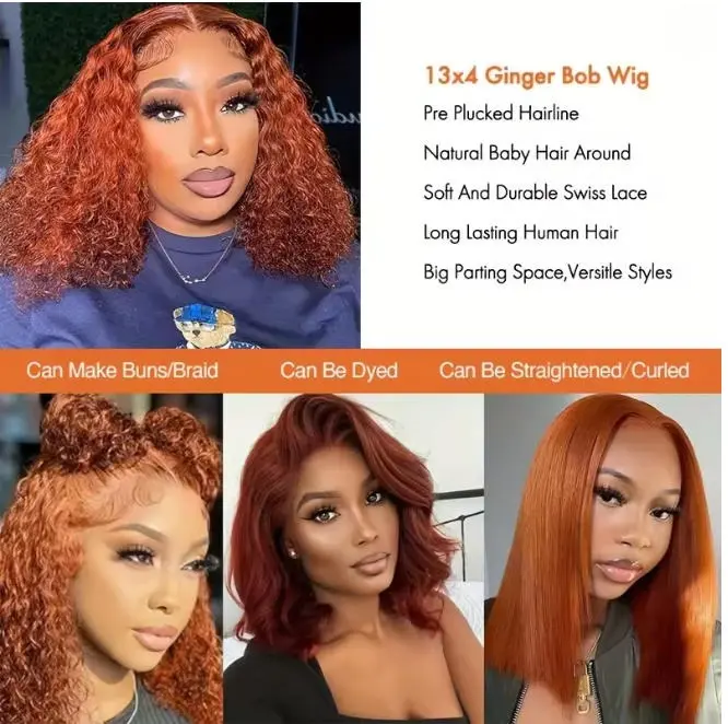 Ginger Bob Wig Human Hair 13x4 HD Deep Wave Lace Front Wigs  display picture 1