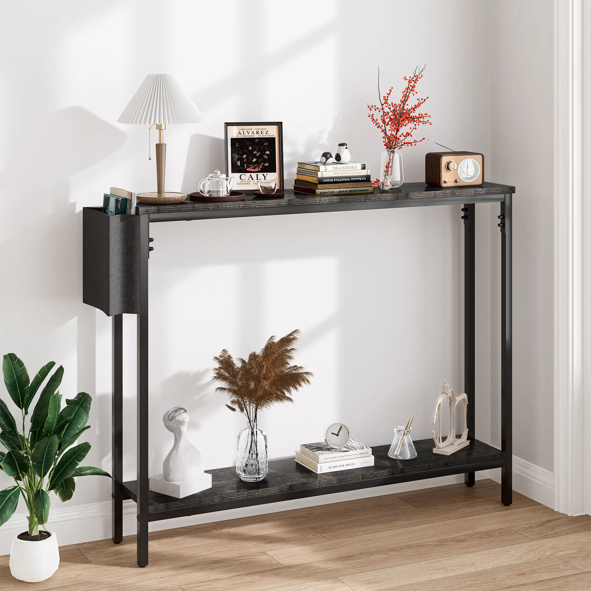 39.4" Rectangle Industrial Console Entryway Table - 2-Tier Narrow Small Entryway Table with Storage Shelves, Narrow Living Room Furniture for Hallway, Living Room, Console Table Entryway