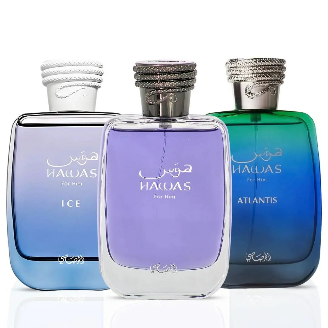Hawas, Hawas Ice & Hawas Atlantis Eau de Parfum Sprays 100ml (3.4 oz) by Rasasi (Bundle)