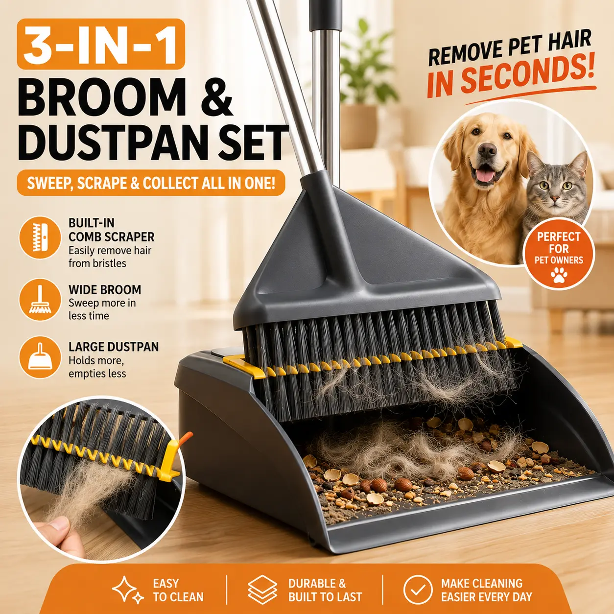 Joybos Stainless Steel Upright Broom & Dustpan Set with Comb Teeth, Heavy-Duty Long Handle, Multi-Size (cm) Hand Tool for Pet Hair Home Cleaning, Camping Essentials