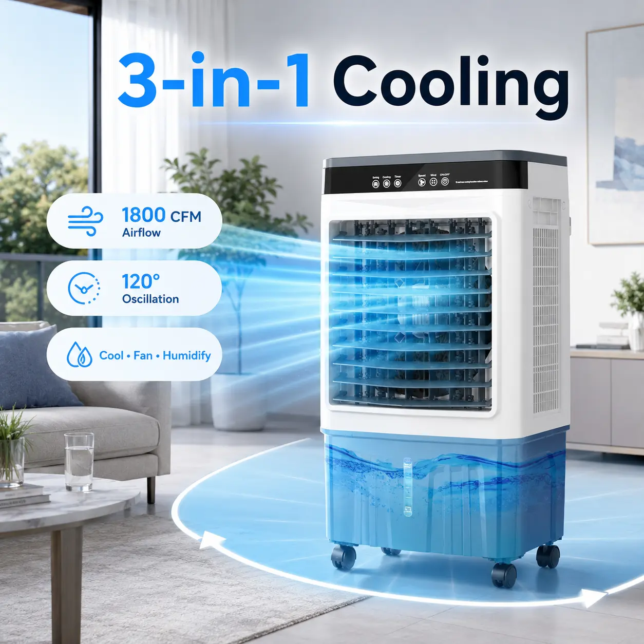VCJ 1800CFM Swamp Cooler, 5.3Gal Evaporative Air Cooler with Remote, 120° Oscillation, 3 Speeds, 12H Timer, 4 Ice Packs for Garage Bedroom Patio