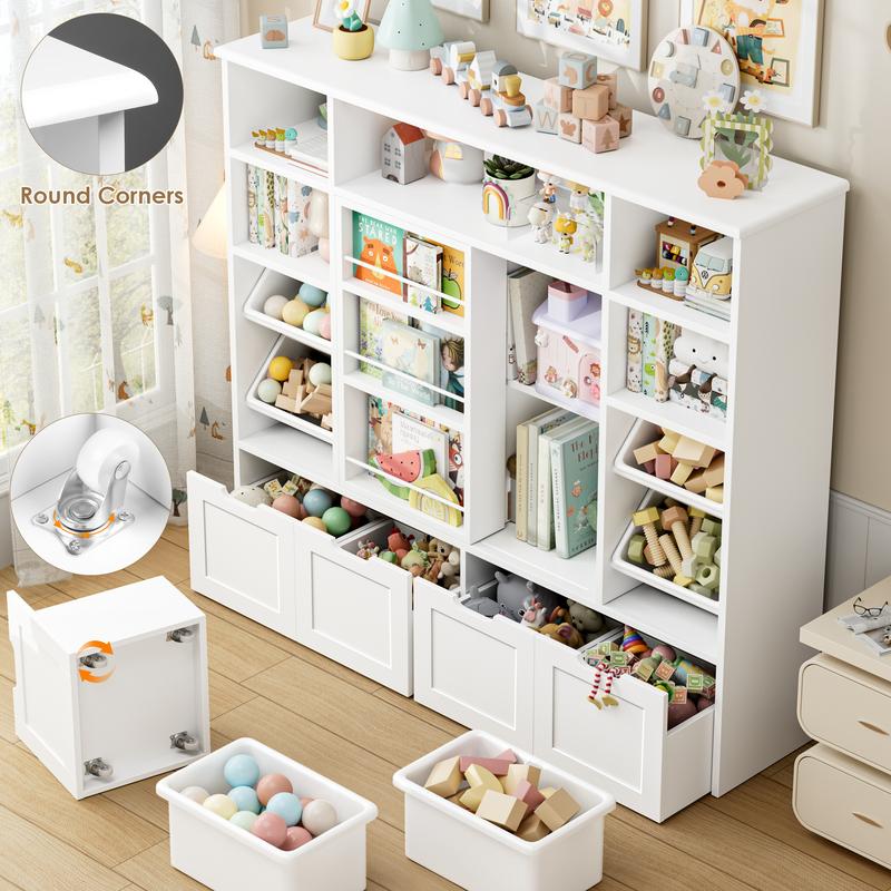 FOTOSOK 55.1" W Toy Storage with Sliding Bookshelf, Large Kids Bookshelf with 4 Movable Drawers and 4 Bins