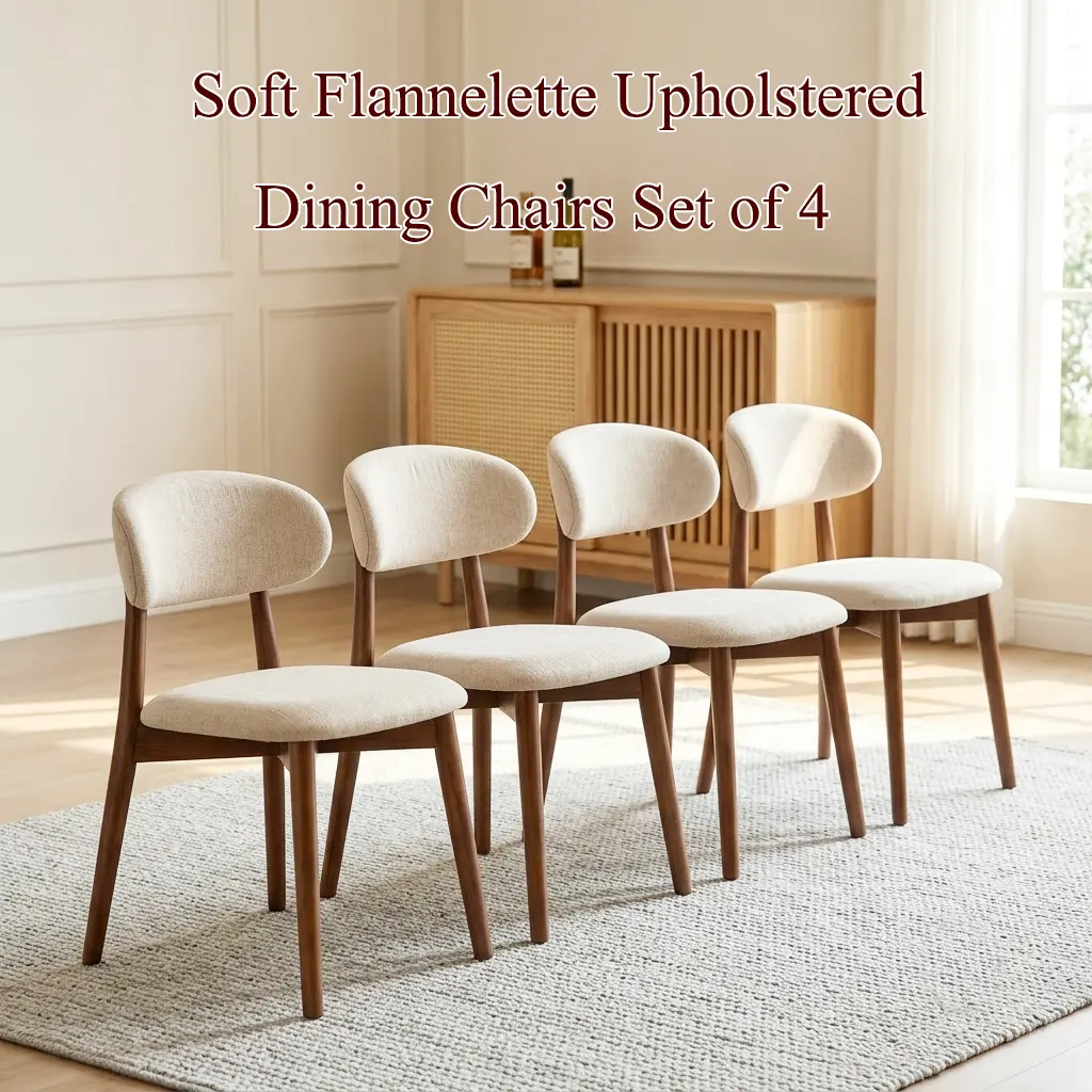 Set of 4 Flannelette Fabric Dining Chairs - Armless Solid Wood-Legged Indoor Furniture Chairs, Thick Seat Cushion Durable Seating for Small Space Breakfast Nook, Light Camel, Dining Table Chairs, Armless Legged Chair