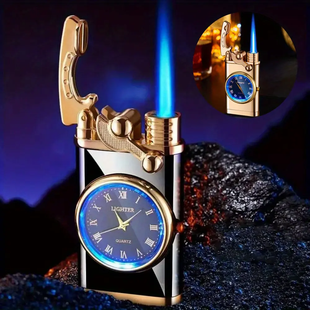 Vintage Roman Numeral Torch Clock Lighter - Portable Blue Flame Refillable Lighter Accessory, Classic Metal Body Single Unit, No Electricity/Butane Gas Included, Elegant Gift, Torch Lighter