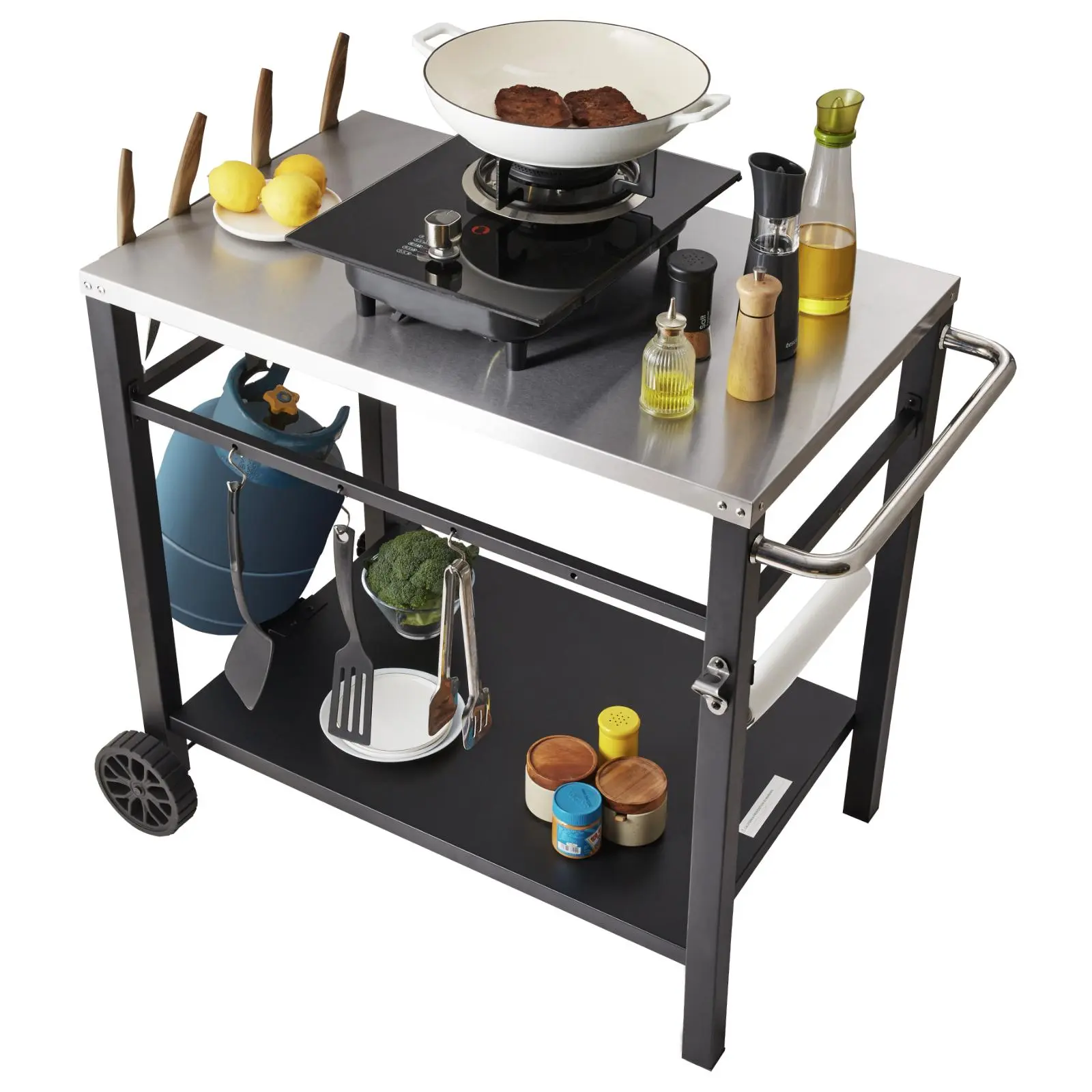 VEVOR Stainless Steel Outdoor Grill Dining Cart with Double Shelf, Smooth Load-Bearing Table Top, 2 Wheels, Carry Handle, Easy Setup Canister, Movable Food Prep Worktable for Pizza Oven#BackToSchool