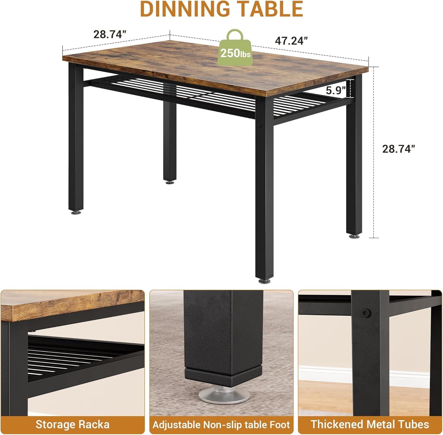 Farmhouse Kitchen Table Chairs Set for 4, 47" Modern Dining Table with Bench & Chairs, Storage Shelf, Metal Frame, Space-Saving for Dining Room Kitchen Apartment