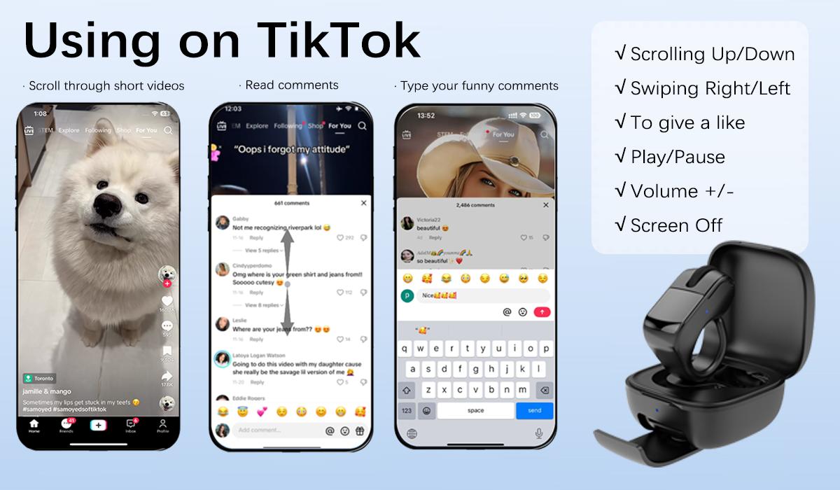 Xring Mouse Ring TikTok Scrolling Remote Control with Touchpad, Bluetooth/2.4G Wireless Air Mouse for Short Video, Page Turner for Kindle APP, Selfie and Video Remote, For IPhone/IPad/Android/Tablet/Mac/PC/Laptop