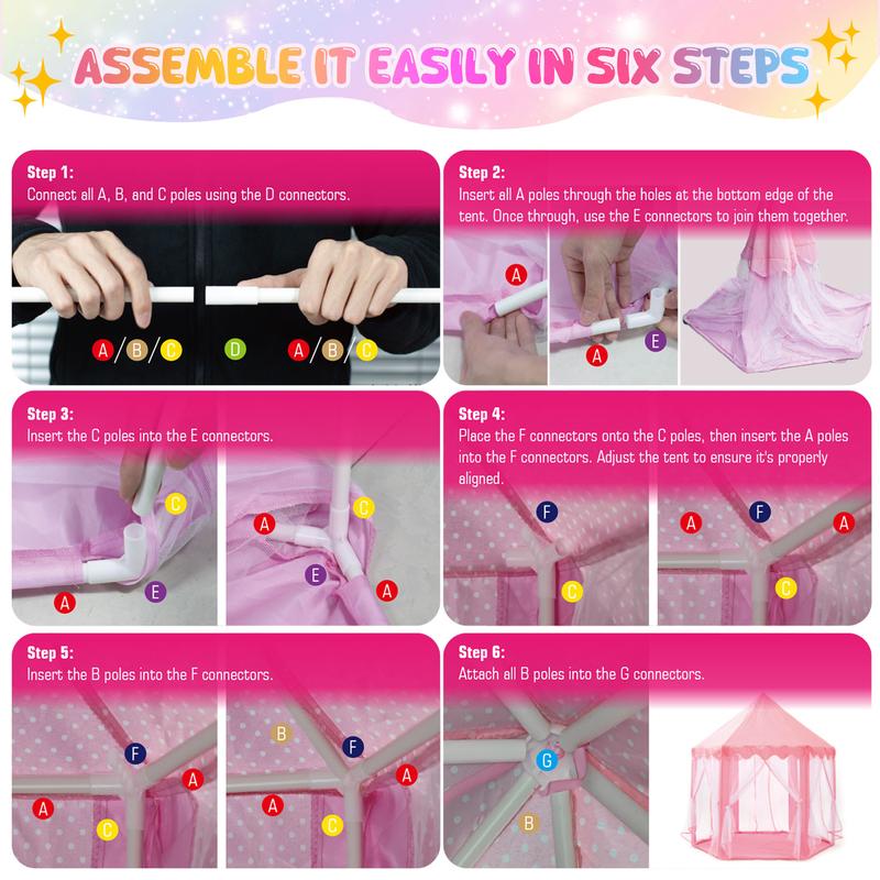 EFFUN Princess Tent Valentines Day Gifts, 55"x53" Kids Play Tent with Star Lights & Plush Clips Indoor Castle Playhouse with Upgraded PVC Connectors Pink Perfect Gift Halloween