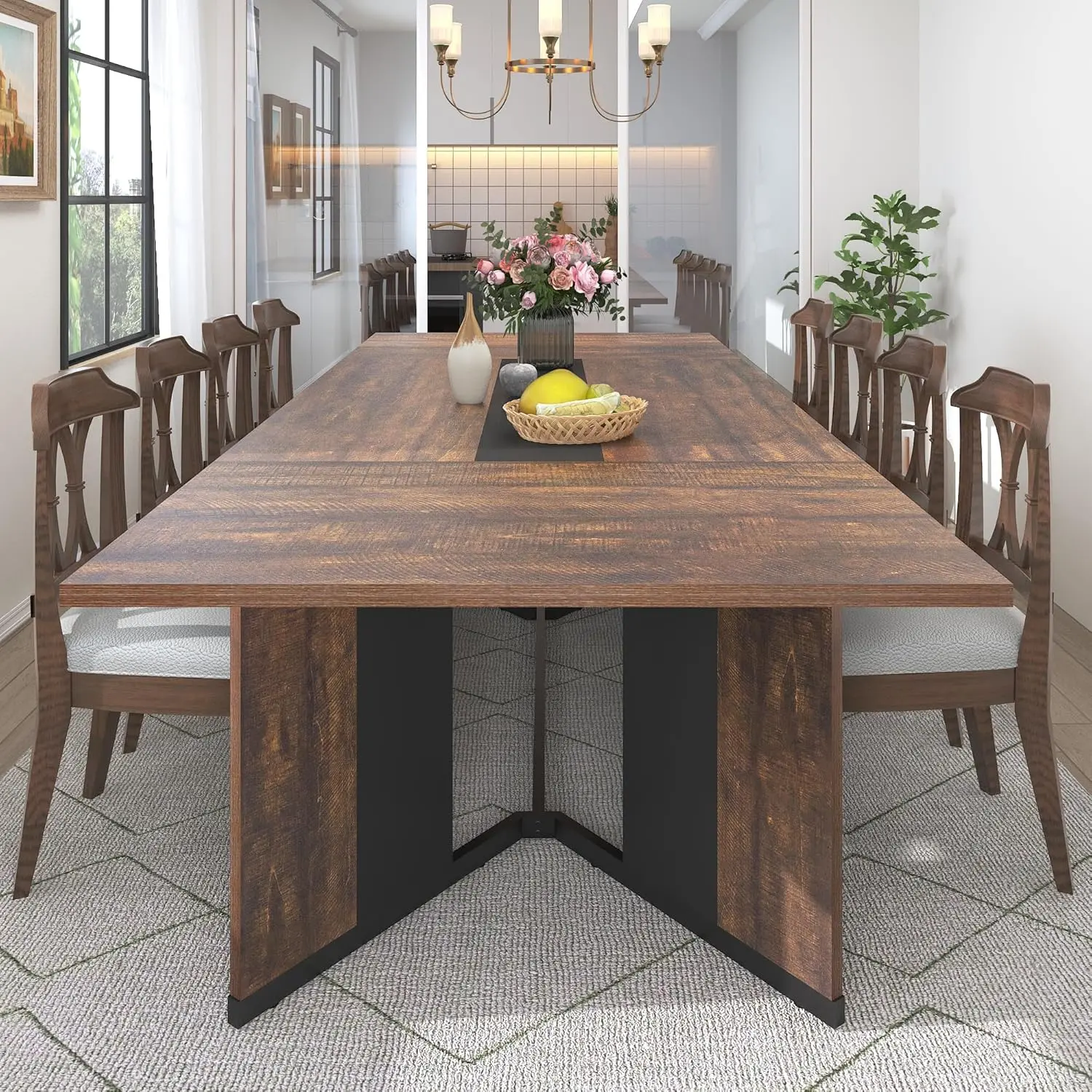 Brown Large Luxurious Rectangular Dining Table for 4 6 8 10 People, Modern Kitchen Table with Wood-Color Wood Tabletop, Metal Adjustable Leg, Family Dinner Table for Kitchen Living Room