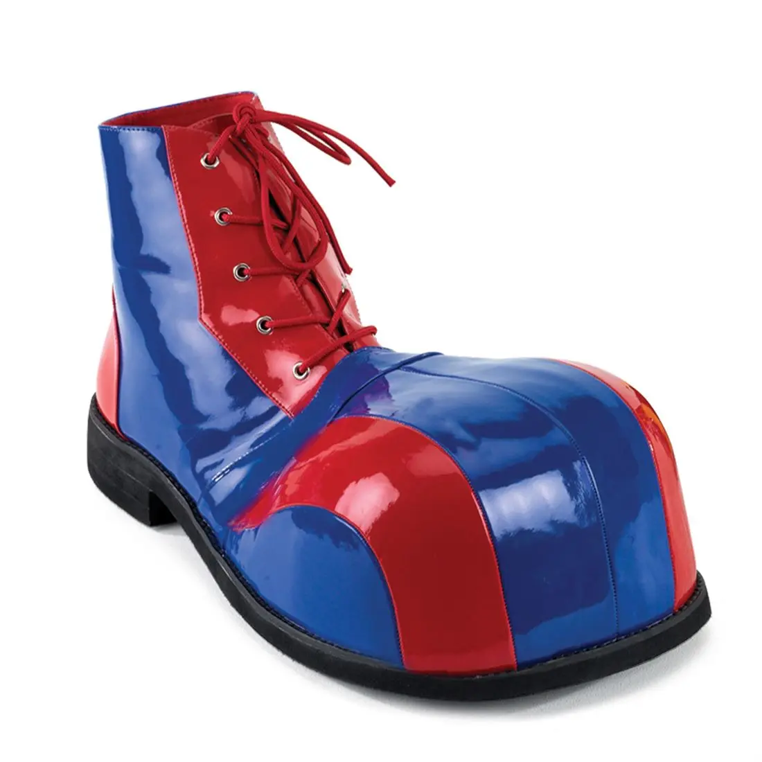 Clown-05 Adult Costume Shoes, Red & Blue Striped Patent Fashion Footwear with a Bump Toe for Parties & Carnivals, Party, Statement Shoes, Women, Clown Aesthetic, Man-Made, Lace-Up