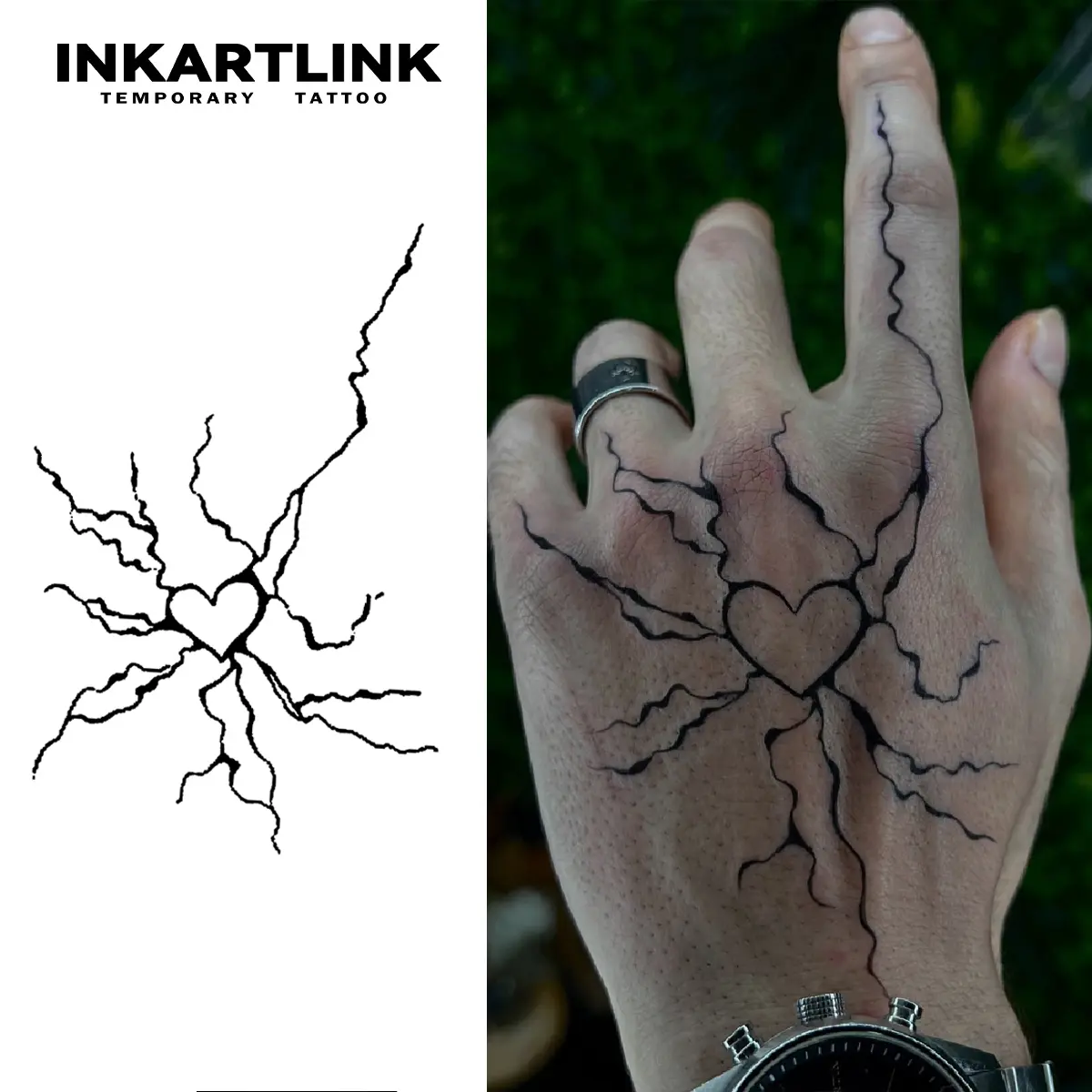 INKARTLINK Semi-Permanent Juice Tattoos, 2 Sheets of Waterproof Fake Tattoos with Simple Love & Lightning Art Designs, Sticker Tattoos