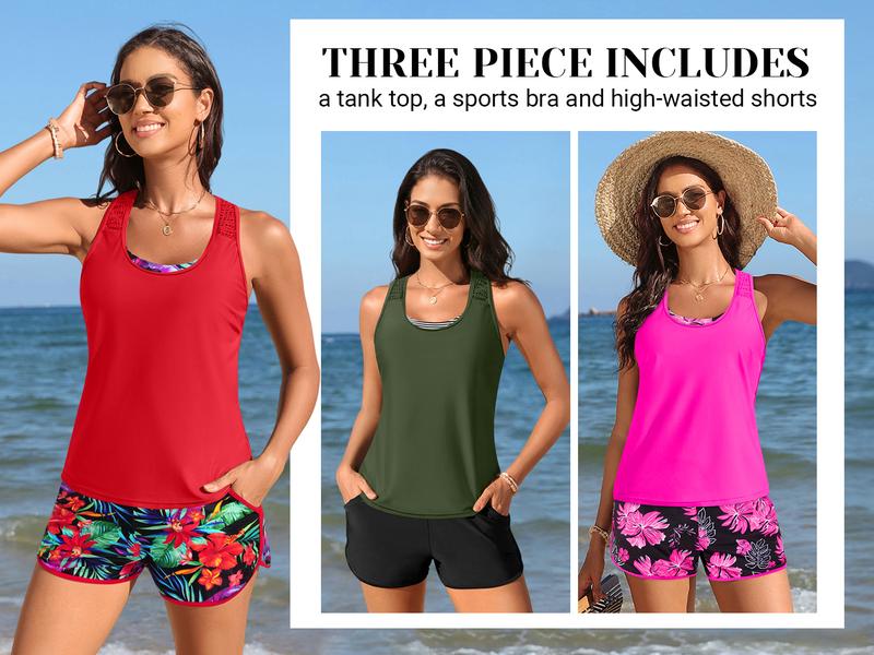 Tempt Me Women's Three Piece Tankini Swimsuit - Mesh Racerback Tank Top with Sports Bra & Pocketed Boyshorts Athletic Bathing Suits
