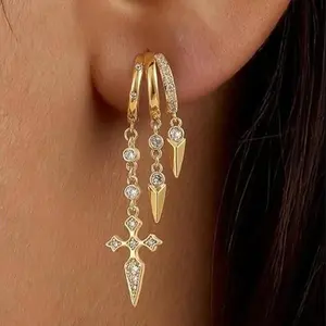 Tewiky Gold Triple C-Shaped CZ Hoop Earrings with Double Layer Cross Dangle Stud Earrings for Women For Easter