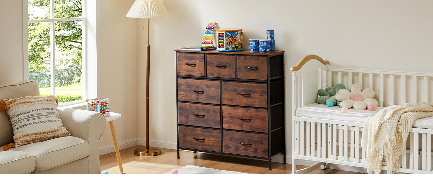 【New Color】Cupboards Cabinets Dresser - with 9 Drawers, Bedroom  Organizer, Steel Frame and Wood Top for Bedroom, Closet, Entryway