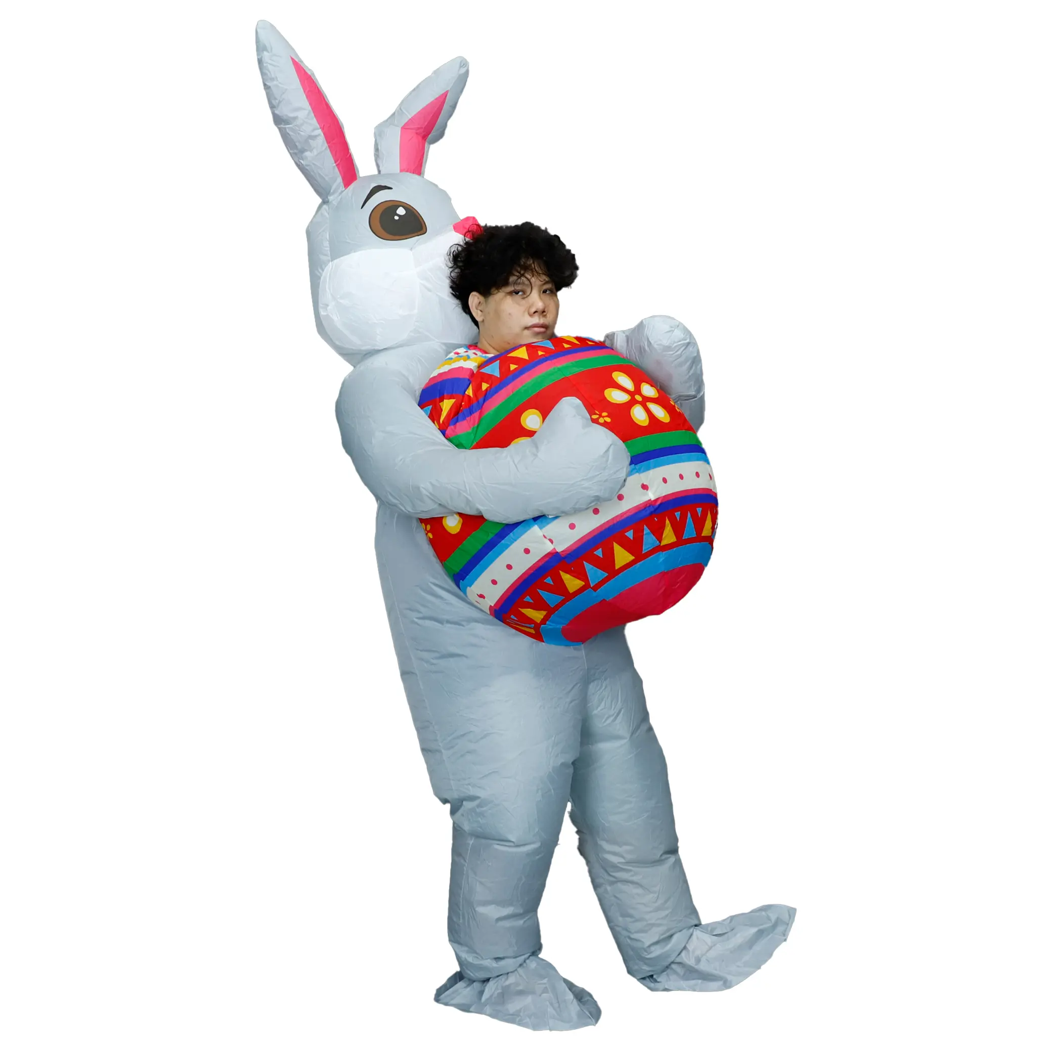 Women's USB-Powered Inflatable Easter Bunny Cartoon Costume Set - School Check Clothes, Funny Mascot Outfit with Colorful Egg Design, Festival Party Cosplay Accessory Womenswear Basic