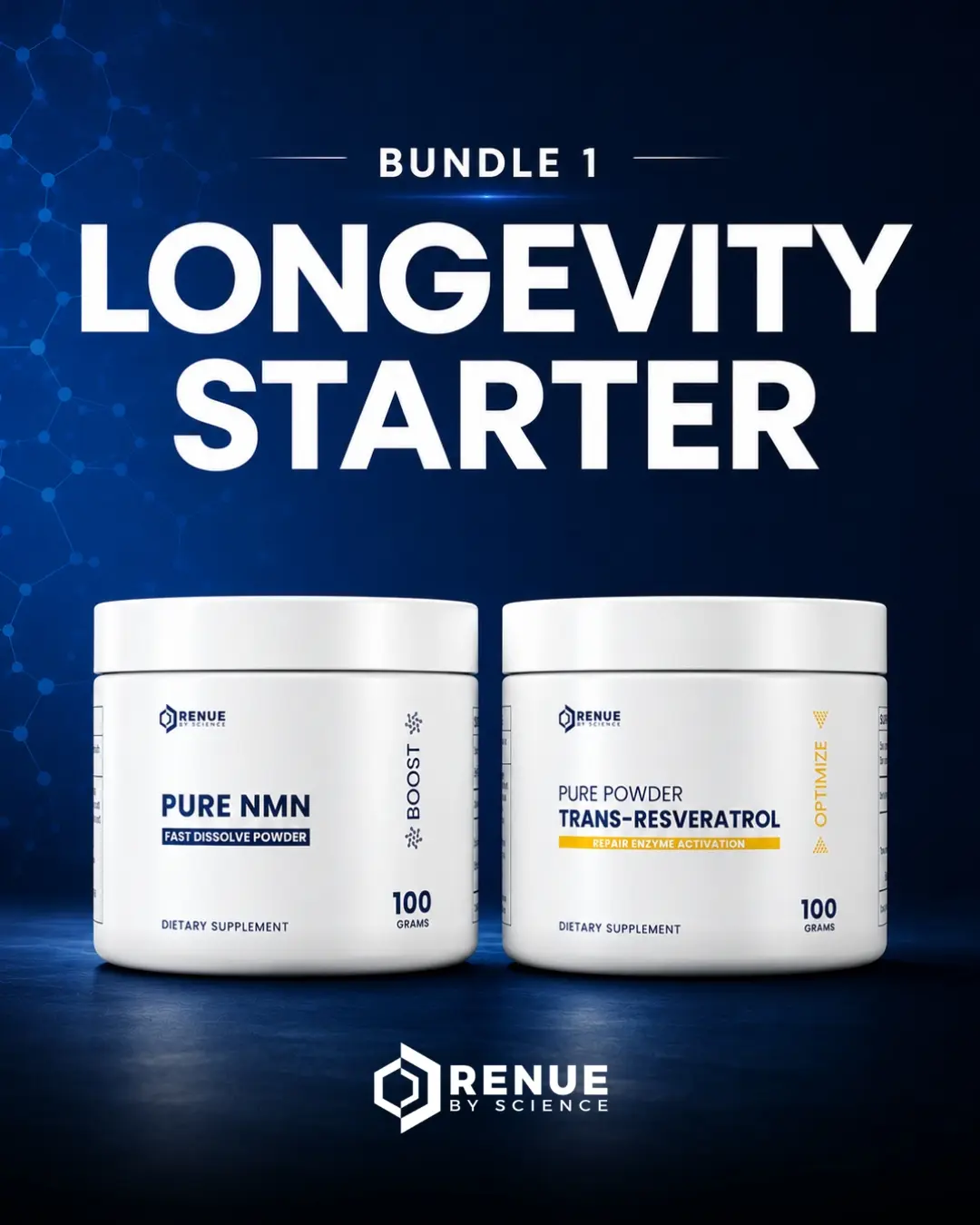 Renue Longevity Starter Bundle - NMN Powder + 100g Resveratrol Vitamin Supplement, NAD+ Support, Cellular Energy, Antioxidant for Healthy Aging, Dietary