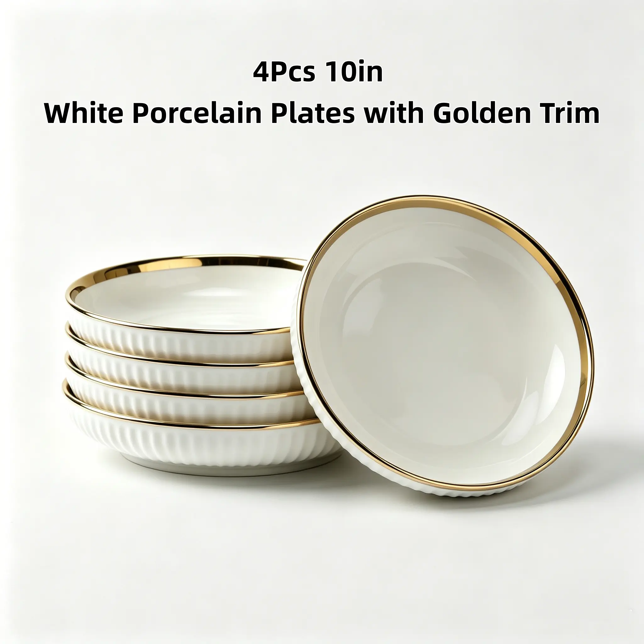 4Pcs Round 10-in Thick Luxury Gold Rim Ceramic Dinner Plate Set - Vertical Rib White Porcelain Tableware, Lead-Free, Multi-Safe for Microwave/Dishwasher/Fridge, Easy Clean, Stackable for Cabinet Storage, Ideal for Indoor Home Parties & Steak Meals