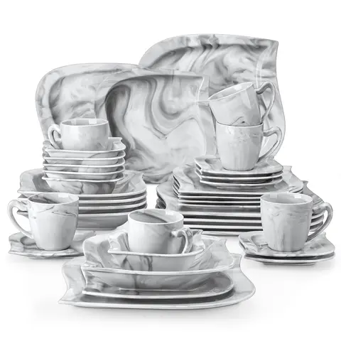 MALACASA Elvira Series 36-Piece Grey Leaf Porcelain Dinnerware Set for 6-10 People - Stylish, BPA-Free, Chip-Resistant, 22oz, Daily Elegance Tableware with Dinner Plates, Bowls, Coffee Mugs, Saucers, Modern Family Kitchenware