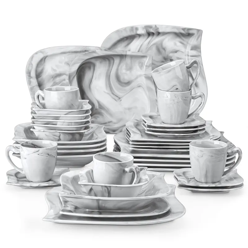 MALACASA Elvira Series 36-Piece Grey Leaf Porcelain Dinnerware Set for 6-10 People - Stylish, BPA-Free, Chip-Resistant, 22oz, Daily Elegance Tableware with Dinner Plates, Bowls, Coffee Mugs, Saucers, Modern Family Kitchenware