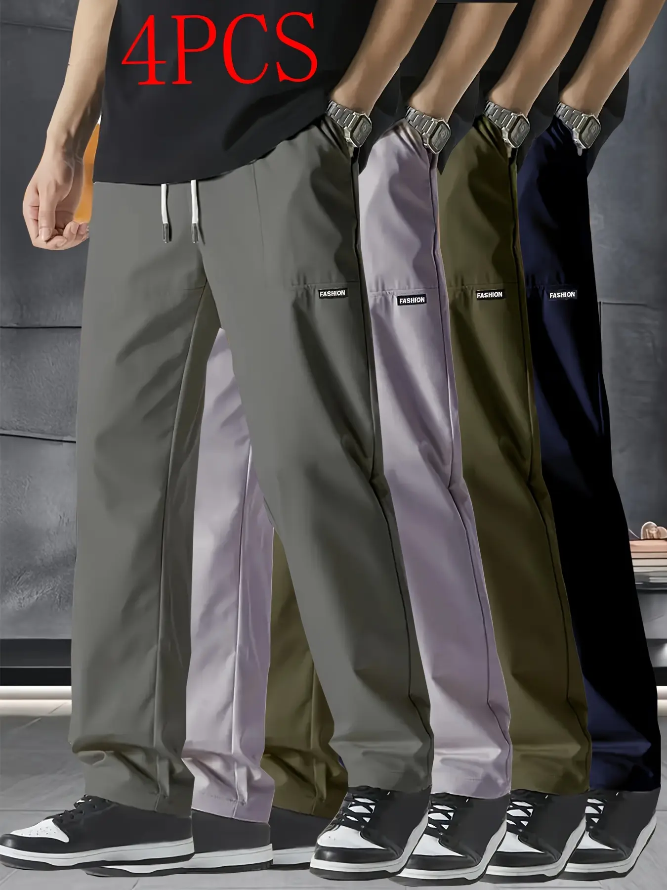 Men’s 4-pack casual wide-leg straight-leg pants for spring, summer, and autumn—versatile, comfortable, skin-friendly, mid-rise with a drawstring, breathable, suitable for outdoor sports