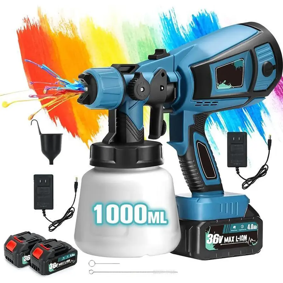 【DealsForYouDays】Cordless Paint Sprayer with 2 Batteries 1000ml Cordless Spray Paint Gun 3 Spray Modes 3 Nozzles Adjustable Flow Length for Home Interior Furniture Wall Door Latex (Style B-Blue),Thanksgiving/Christmas—The Best Choice for Gifts