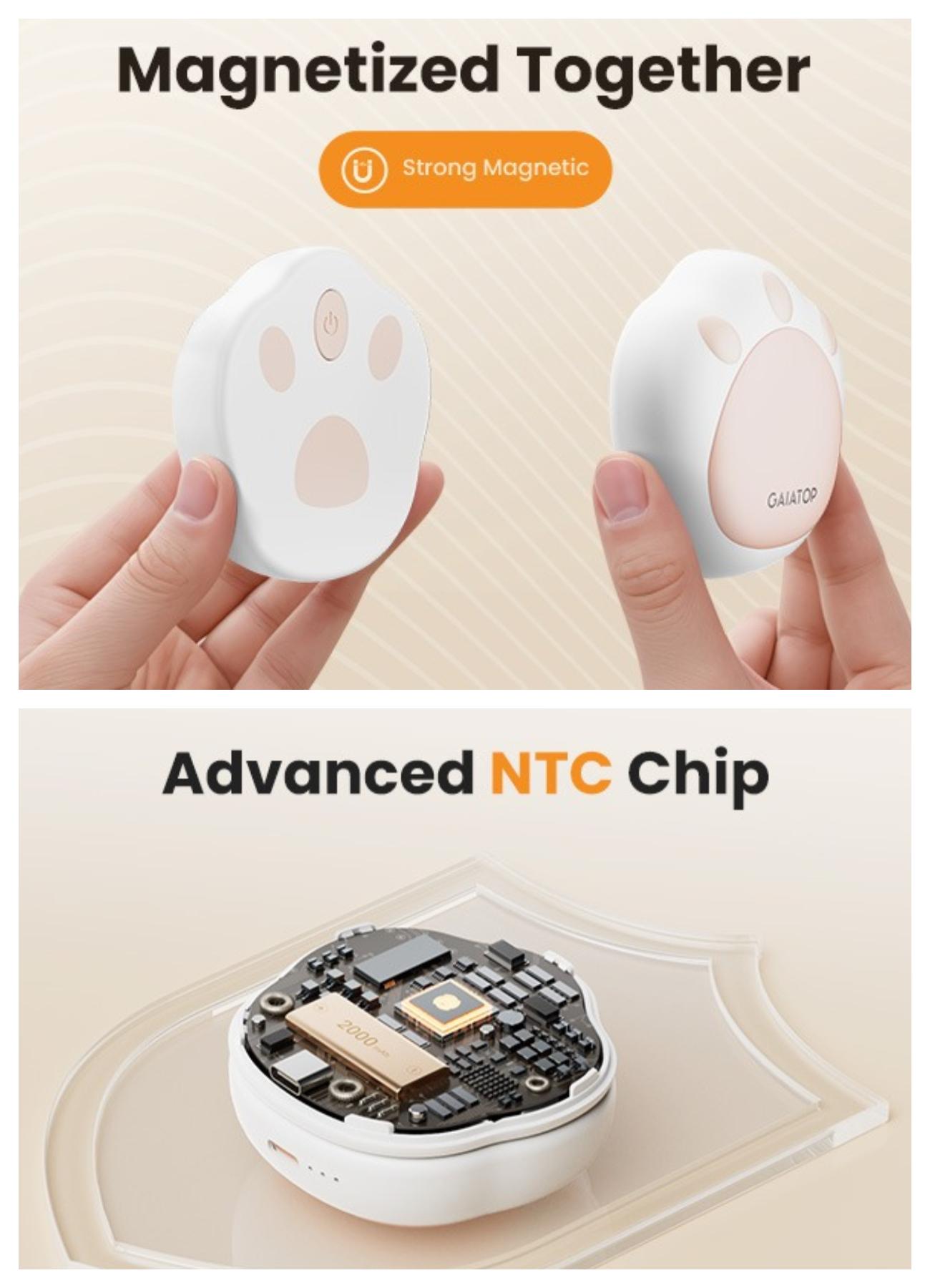 [2-Pack Cat Paw] GAIATOP Hand Warmers for Women, 13H Long-Lasting Rechargeable Pocket Heater, Lovely Gift for Her