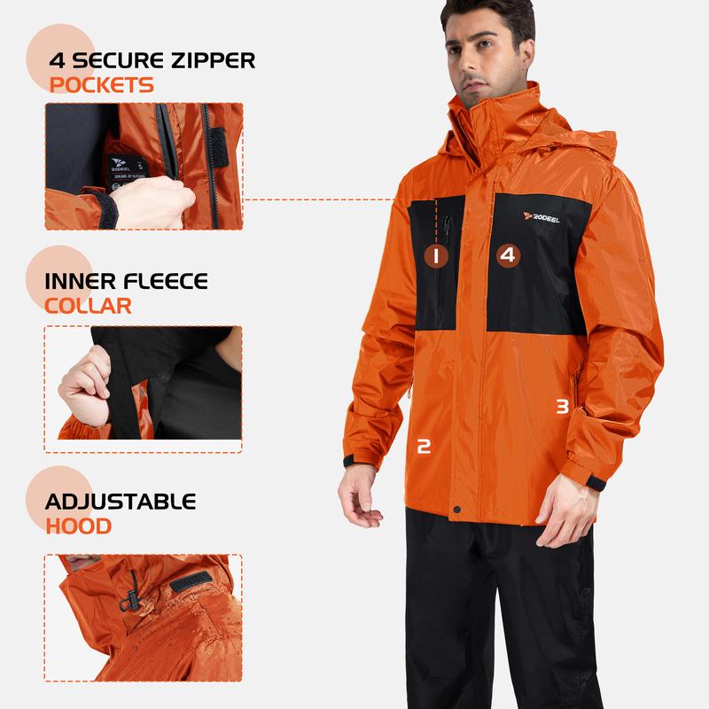 RODEEL Waterproof Bib Overalls Rain Suit Men Lightweight Breathable Full Zip Hooded Jacket Durable Rain Coat Weatherproof Rainwear Windbreaker For Outdoor Hiking Camping Fishing Construction Landscaping Gardening Workwear, Holiday Gift