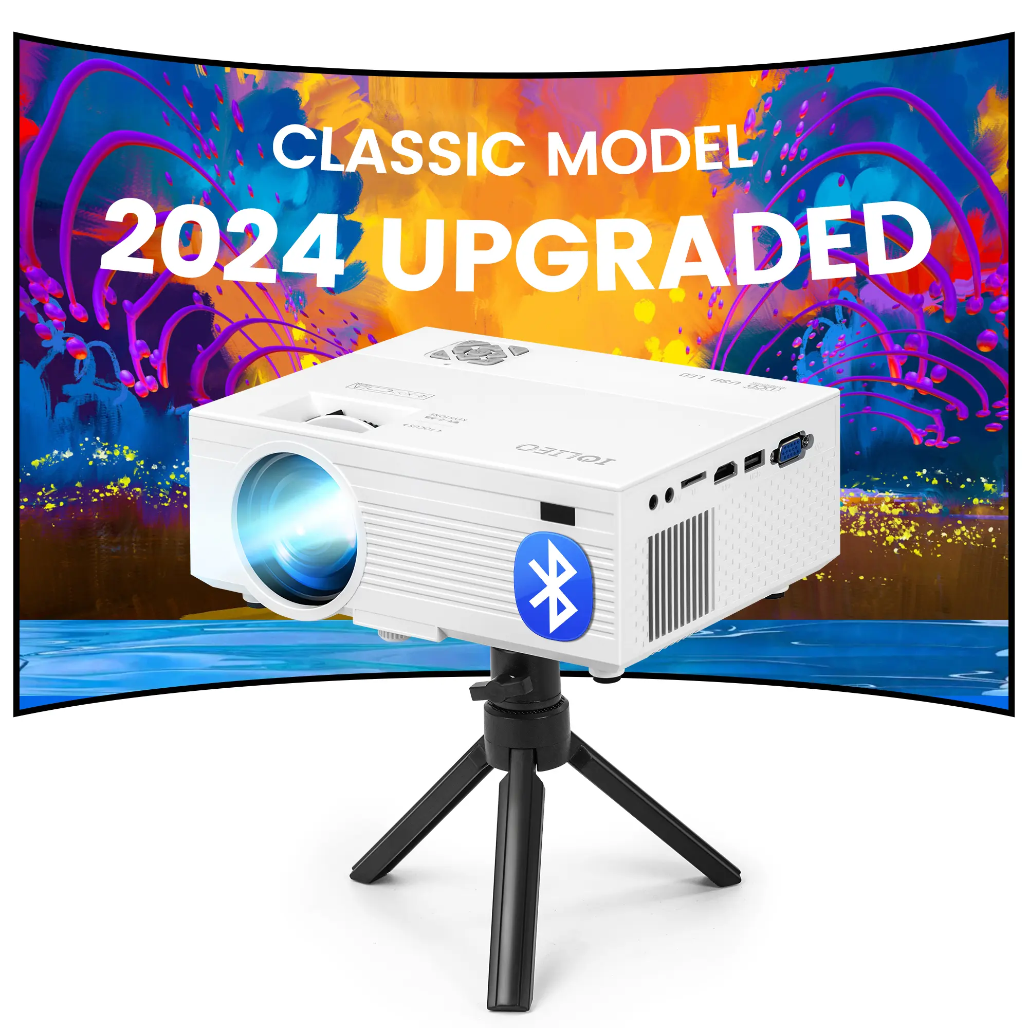 Projector with Bluetooth 2025 Upgraded by IOLIEO Full HD 1080P Compatible with Steaming Devices,ALR Projector screen, Smart Phone, Game Consoles & More with HDMI/VGA/AV/USB for Home Cinema, US-Based Service