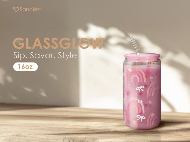 Sandjest 16oz Clear Glass Cup with Straw & Lid, Iced Coffee Drinking Can Shaped Cups, Reusable Stylish Drinkware, Home Office Valentine Gift for Her Sandjest 16oz Clear Glass Cup with Straw & Lid, Iced Coffee Drinking Can Shaped Cups, Reusable Stylish Drinkware, Home Office Valentine Gift for Her