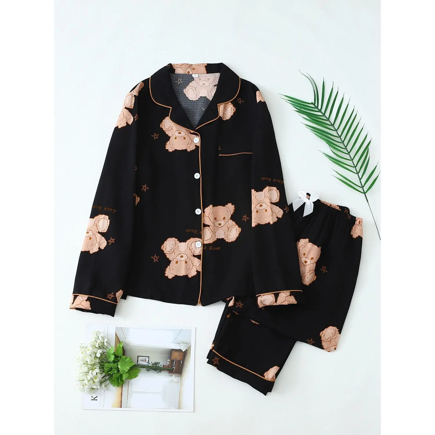 Little Bear Print Women's Long Sleeve Long Pants Pajama Set