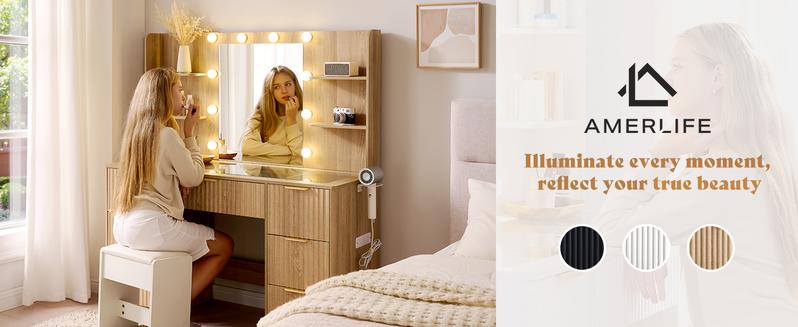AMERLIFE 36.2/47.2" Fluted Vanity Desk with Mirror and Adjustable LED Lights, Large 4/7 Drawers Makeup Table with Glass Top and Charging Station for Women and Girls,,Best Gift Ideas/Christmas Gifts