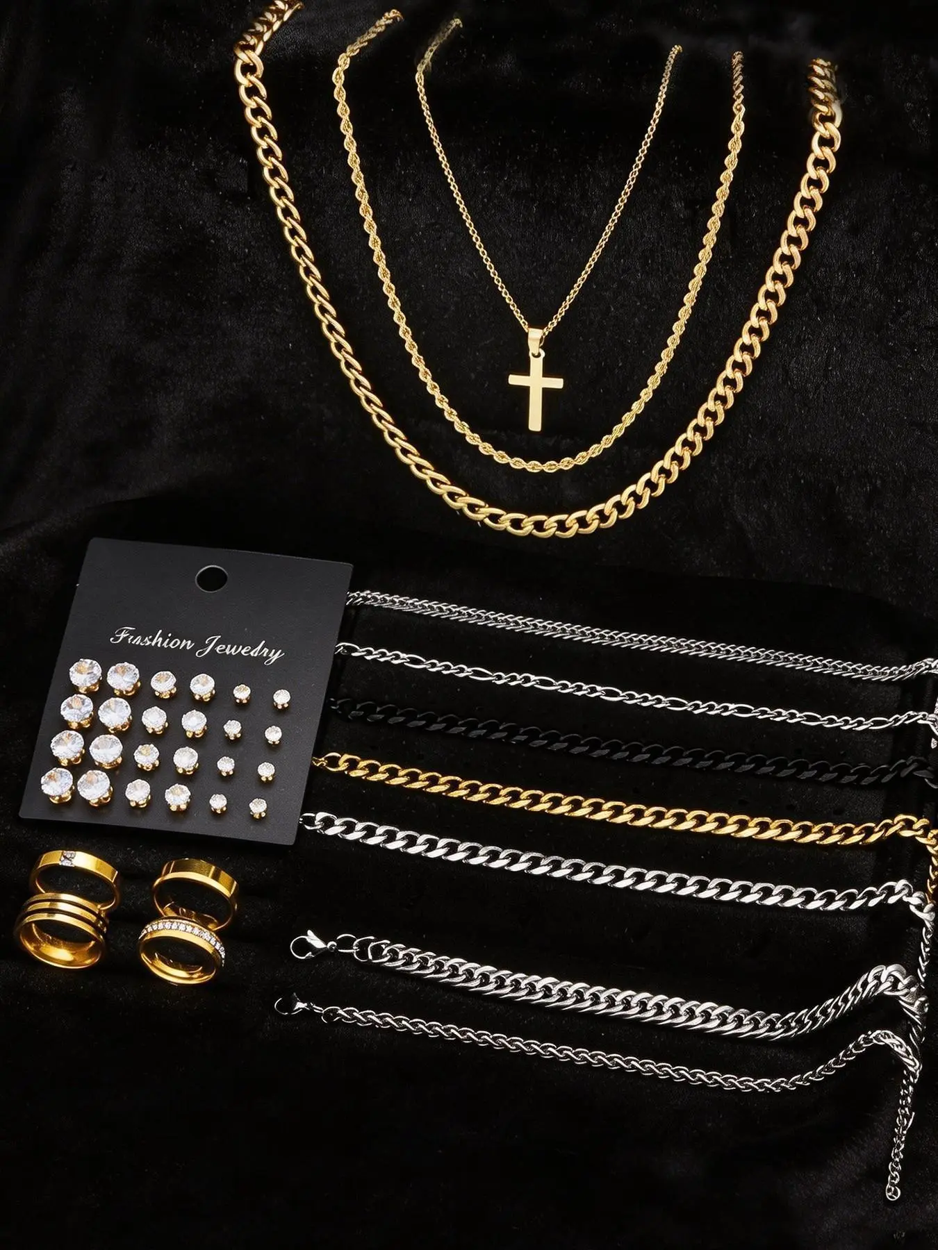 38-Piece Stainless Steel Fashion Jewelry Set, Men's Accessories, Zircon Earrings, Cross Necklace, Bracelet, Couple Jewelry, Daily Wear, Gift, Crosses Set, Jewellery Gift Set