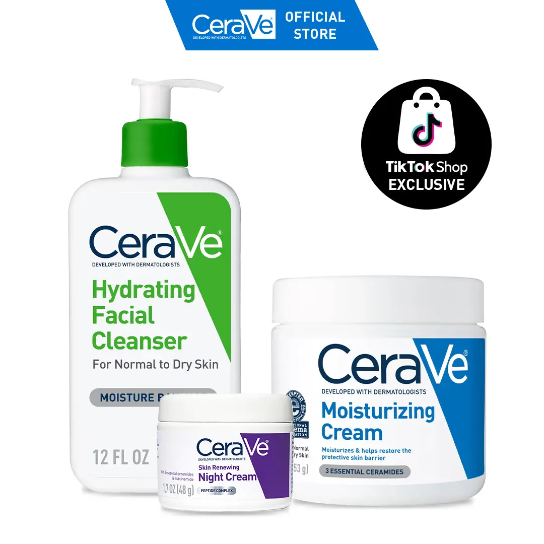 CeraVe Hydrating Bundle – Hydrating Facial Cleanser + Night Cream + Moisturizing Cream for Face & Body | Daily & Night Skincare Set