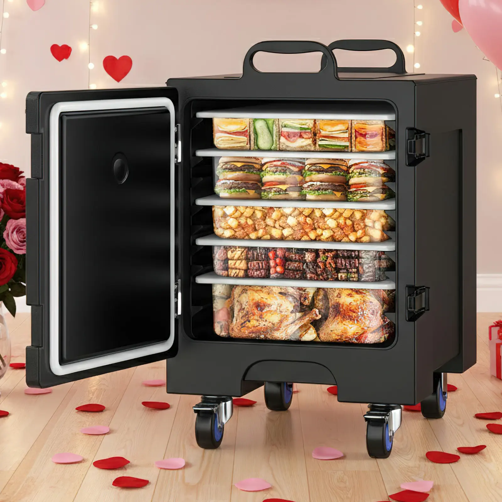 [Dealsforyoudays Summerwins] 81 Qt LLDPE Insulated Food Warmer Box - Kitchen Food Storage Container, Multipurpose Organizer with Double Buckles, Lockable Wheels, Handles, Stackable Design for Catering, Camping