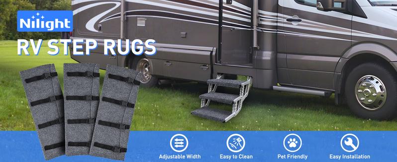 Nilight RV Step Covers 3 Pack 22 inch, Fit 8-11" Deep Camper Steps Adjustable Wrap Around RV Step Rug with Snap Fasteners on Electrical & Manual RV Stairs Carpet for Camper Trailers Steps Outside,Gray
