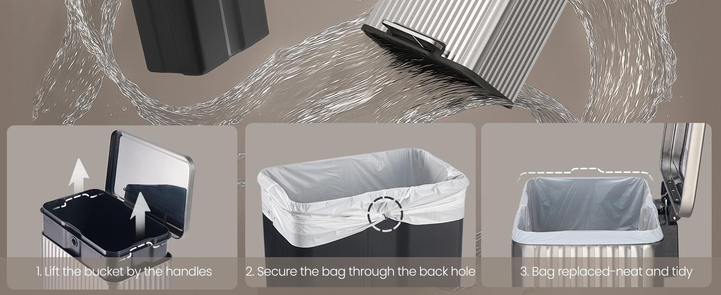 SONGMICS Trash Can, 13 Gallon (50 L) Garbage Can for Kitchen, with Lid, Pedal, and Removable Inner Bucket, Soft Close, Stainless Steel, 15 Trash Bags (Code K) Included