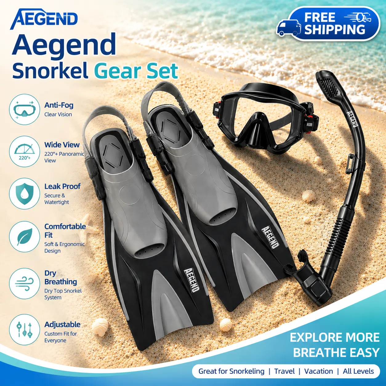 Aegend Snorkeling Gear for Adults Men Women: Anti-Fog Panoramic Mask Set, Adjustable Fins & Dry Top Snorkel – All-in-One Travel Snorkel Set for Swimming, Diving & Snorkeling tiktokshopbacktoschool