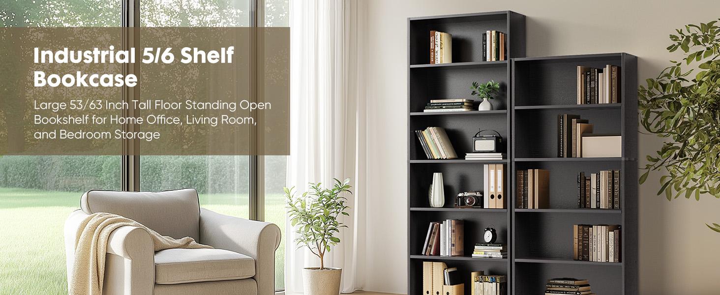 Industrial 5 Shelf Bookcase - Large 53 Inch Tall Floor Standing Open Bookshelf for Home Office, Living Room, and Bedroom Storage Industrial 5 Shelf Bookcase - Large 53 Inch Tall Floor Standing Open Bookshelf for Home Office, Living Room, and Bedroom Storage